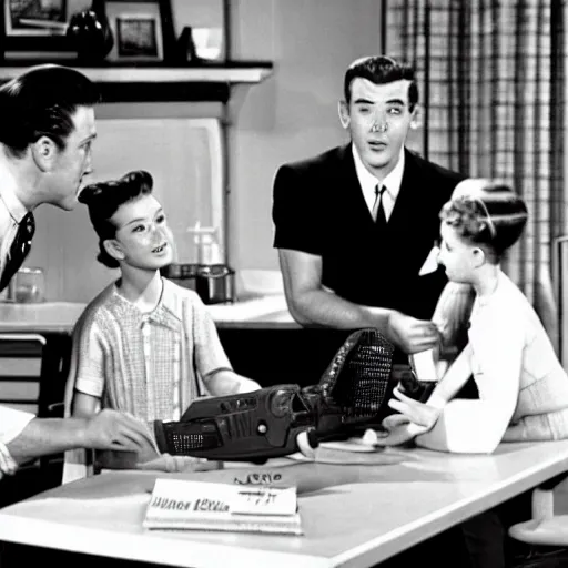 Image similar to a 1950s tv show with a family and alien using a computer from the future