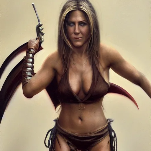 Image similar to the portrait of jennifer aniston as a bikini warrior by roberto ferri, fantasy, witcher, very detailed oil painting, masterpiece, 8 k