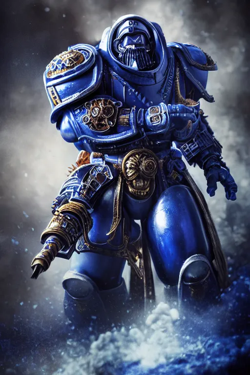 Image similar to a portrait of an ultramarine, space marine, warhammer 4 0 k setting, dynamic pose, intricate details, intricately detailed clothing, intricate textures, warm lighting, vivid colors, smoke and mist, realistic octane render, hyper realistic render, volumetric shading, depth of field, raytracing, 8 k,