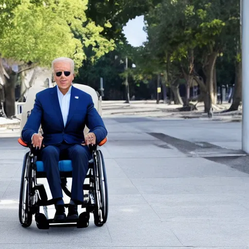 Image similar to still image of joe biden sitting in a wheelchair that has a rocket booster attached to the back, turbo boosted wheelchair, 8 k photo