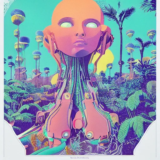 Prompt: gigantic girl faces, tiny robots, a lot of exotic vegetation around, risograph!, colorful flat surreal design, super - detailed, a lot of tiny details, fullshot, by luigi serafini and moebius