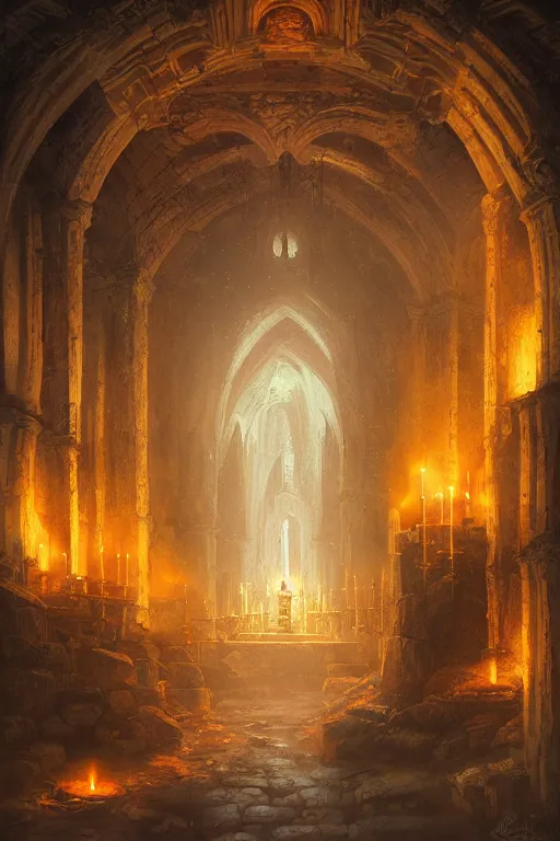 Prompt: Detailed Interior of Monastery Ruins, fiery embers, light of god, light shafts, candles, stunning atmosphere, in Style of Peter Mohrbacher, cinematic lighting