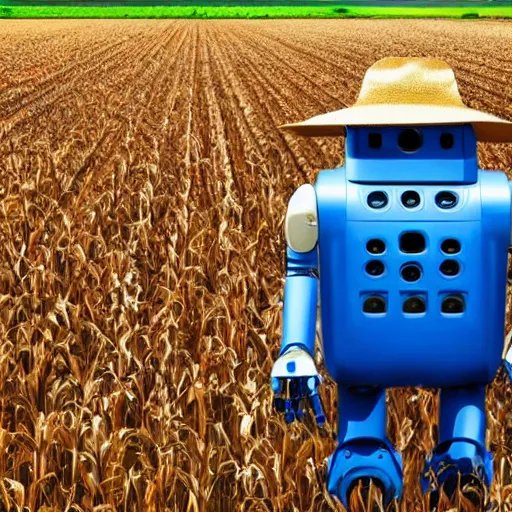 Image similar to a photo of farming droid wearing a straw hat blue overalls in the corn field, robots, humanoid, chappie, farming, photorealistic, 8 k