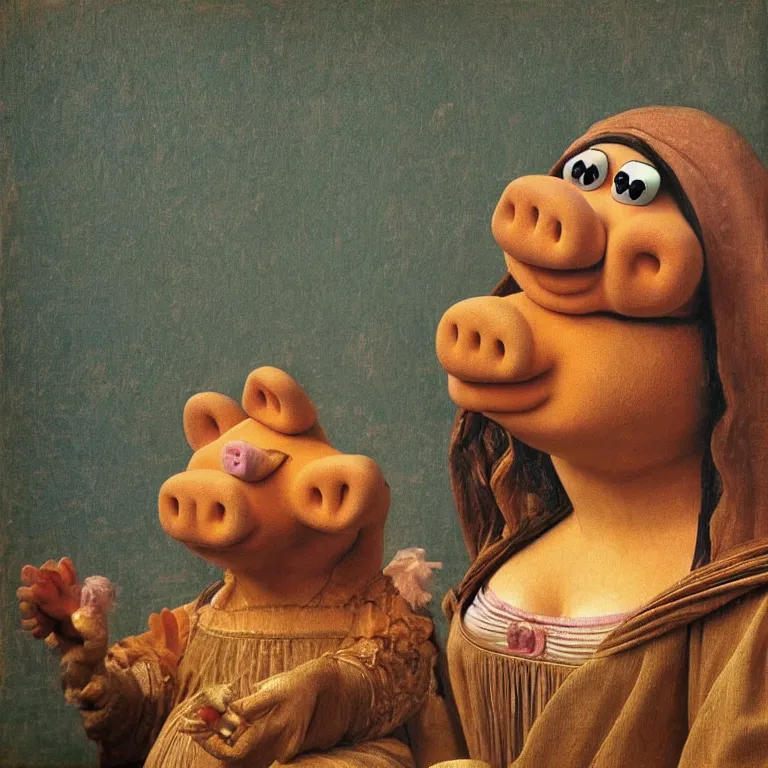 Image similar to Miss Piggy as the Mona Lisa painting by Leonardo da Vinci, medieval art, trending on artstation