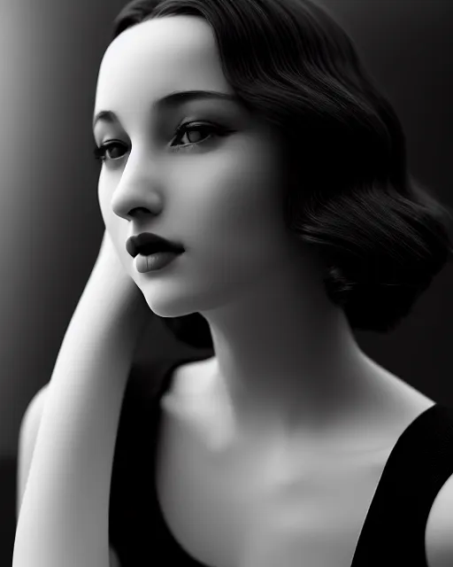 Image similar to black and white dreamy young beautiful female artificial intelligence, cinematic, rim light, photo - realistic, elegant, high detail, 8 k, masterpiece, photo taken in 1 9 3 0