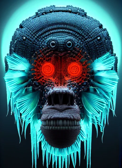 Image similar to 3 d ape shaman profile portrait, sigma 5 0 0 mm f / 5. beautiful intricate highly detailed quetzalcoatl skull and feathers. bioluminescent, plasma, lava, ice, water, wind, creature, thunderstorm! artwork by tooth wu and wlop and beeple and greg rutkowski, 8 k trending on artstation,