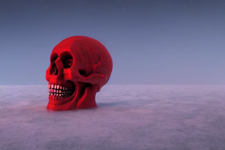 Image similar to a hd render of a hovering red skull, surreal frozen landscape, 8 k, cinematic lighting, by beeple and zdzisław beksinski