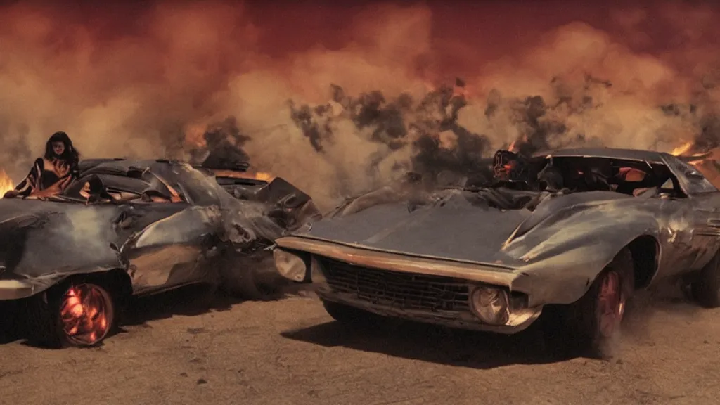 Image similar to film still from the movie death race 3 0 0 0, the sequel to the movie death race 2 0 0 0, cult cinema, pulp cinema, vintage, nineteen seventies, saturated color, cinematic lighting, cinematic composition