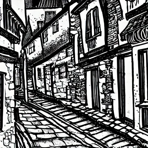 Prompt: a medieval town street, line art, black and white, illustration