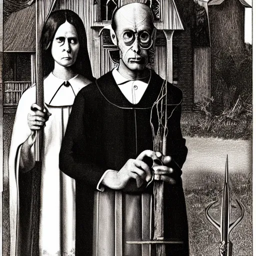 Image similar to satan and jesus in the style of american gothic