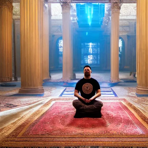 Prompt: a man sits in a meditation pose in the middle of a large throne room. the air is filled with haze. holographic user interface elements float all around him. wires and cables run, overlapping, along the floor. golden sunlight illuminates the room at sunset. this space is sacred.