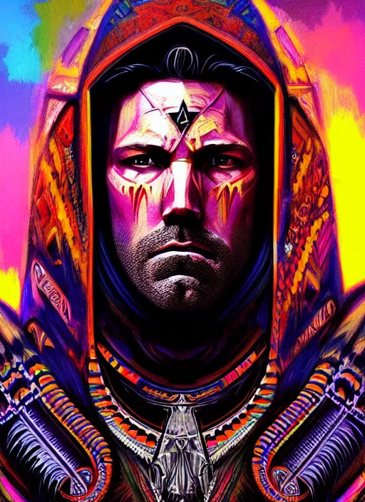 Image similar to portrait of ben affleck, hyper detailed ultra sharp aztec shaman warrior. trending on artstation, warpaint aesthetic, bloodwave, colorful, psychedelic, ornate, intricate, digital painting, concept art, smooth, sharp focus, illustration, art by artgerm and greg rutkowski and h. r. giger, 8 k