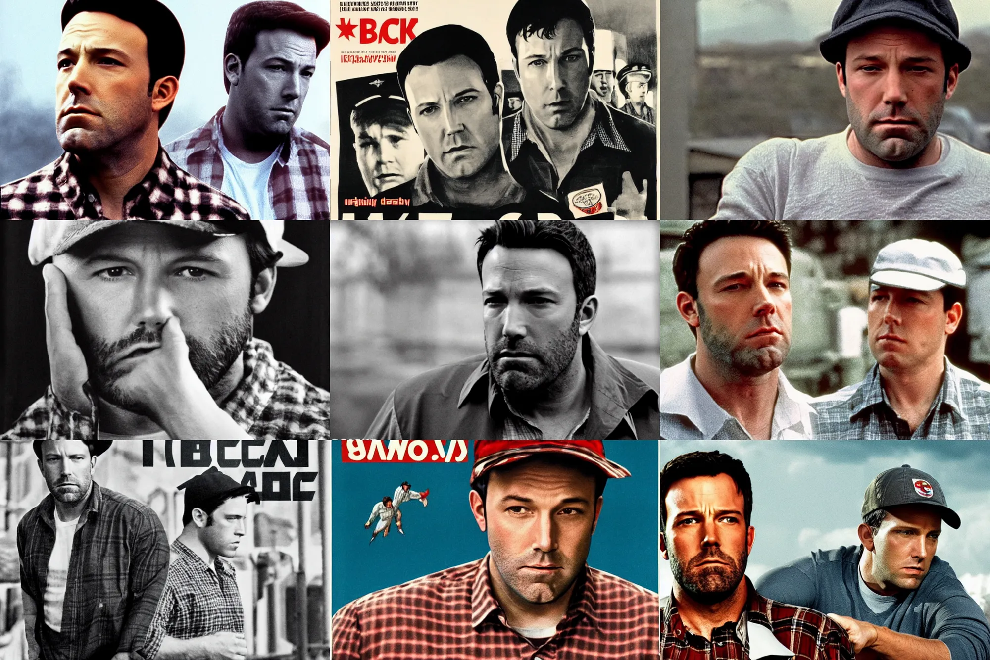 Image similar to sad ben affleck wearing checkered shirt and white cap, soviet movie poster