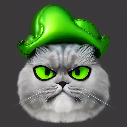 Image similar to anthropomorphic grey persian cat with evil looking green eyes and wearing a pirate hat, trending on artstation