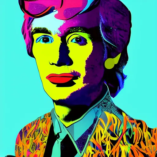 Image similar to an extremely psychedelic portrait of andy warhol as kenye west, surreal, lsd, face, detailed, intricate, elegant, lithe, highly detailed, digital painting, artstation, concept art, smooth, sharp focus, illustration,