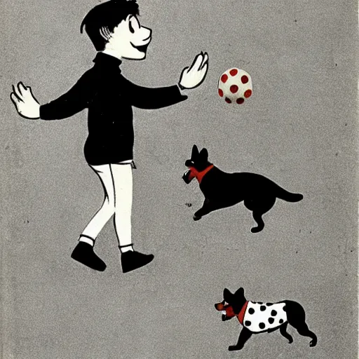 Image similar to book illustration of a french boy on the streets of paris playing football against a corgi, the dog is wearing a polka dot scarf, 1 9 6 6