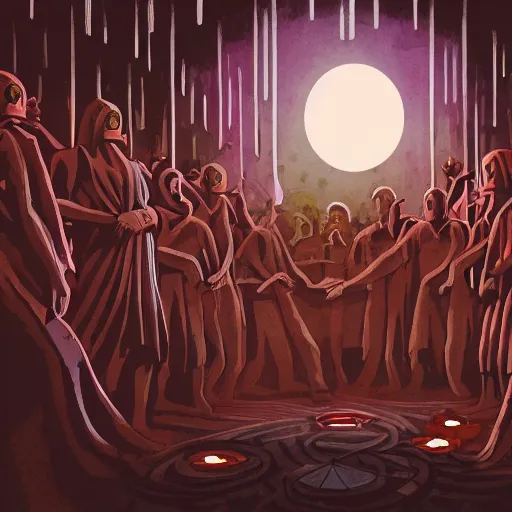 Image similar to cultist ritual in a crowded alien temple, dark vintage sci fi, illustration