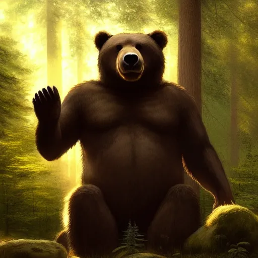 Image similar to a giant humanoid bear singing on a stage in a forest, digital art, detailed face, highly detailed, calm, deviantart, art by greg rutkowski, artstation, natural lighting, dramatic