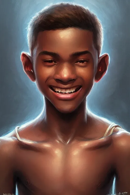 Image similar to young teenager boy with straight short brown hair, dark skin, big lips, smiling. highly detailed, d & d, fantasy, highly detailed, digital painting, trending on artstation, concept art, sharp focus, illustration, art by artgerm and greg rutkowski and fuji choko and viktoria gavrilenko and hoang lap