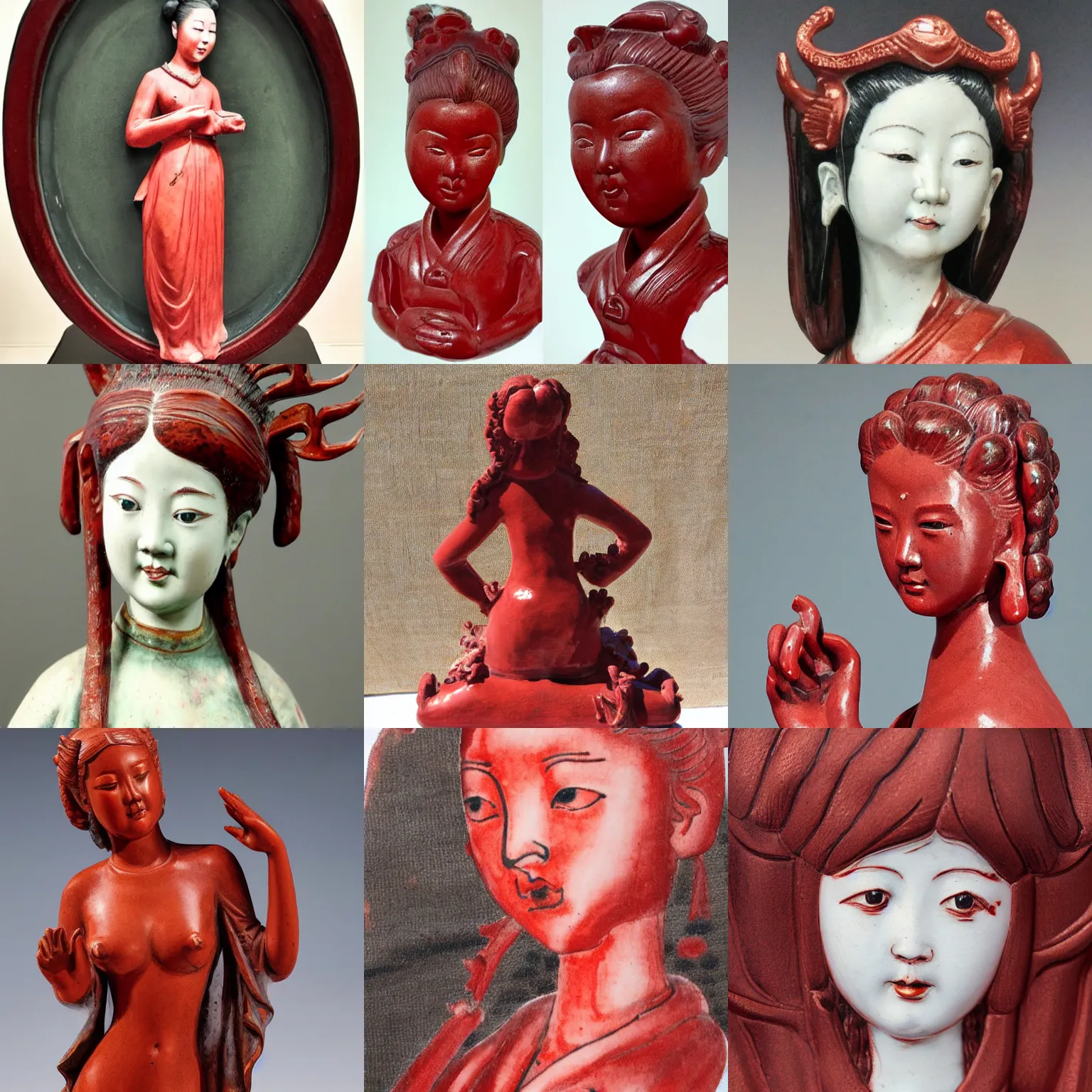 Prompt: portrait of girl statue made from chinese porcelain brush hand painted with iron red dragons tatooed