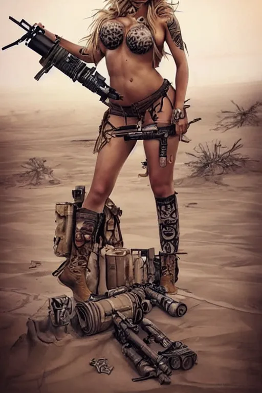 Image similar to gorgeous!! hyper - realistic woman resembling kate upton as a post - apocalyptic warrior girl with tattoos & tribal face paint, bikini + tattered military gear, holding a rocket launcher!!! standing in the desert next to a military vehicle | drawn by wlop, drawn by jeehyung lee, drawn by artgerm | smooth, sharp focus, intricate