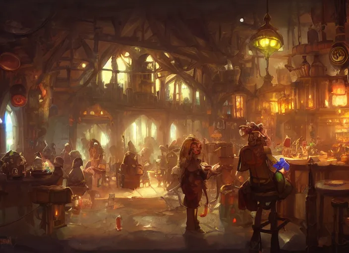 Image similar to A cheerful gnomish steampunk tavern, by Greg Rutkowski and James Gurney, trending on Artstation