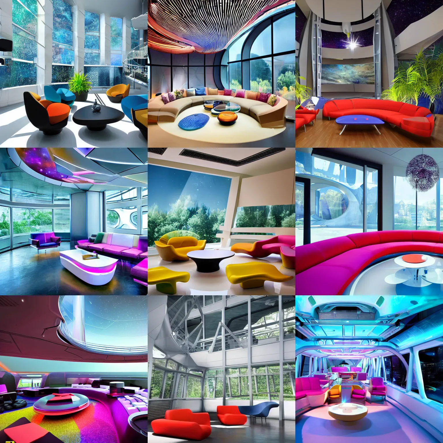 Prompt: ultra modern concept design of a vast spaceship interior, futuristic chairs and sofas can be seen in the foreground, a large colorful nebula can be seen from a window, large plants in the background, interior design concept, wide angle shot