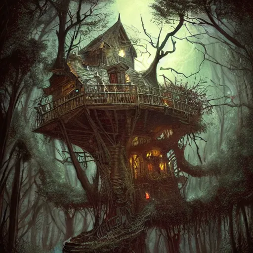 Image similar to dilapidated broken down treehouse, tucked within the witchwood forest, evil fairies, overgrown, detailed intricate ink illustration, dark atmosphere, detailed illustration, hd, 4k, digital art, overdetailed art, concept art, by greg rutkowski, by loish, complementing colors, Trending on artstation, deviantart