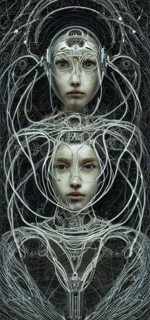 Image similar to female robot pilot, mechanical creature, electronic wires relays computer nerves, girl face, dystopian surrealism, alex ries zdzisław beksinski giger, very intricate details, demon chinese female, deep luminous eyes contain galaxies, head contains nebula, deep aesthetic, concept art, carved silver circuits diodes resistors semiconductors, highly ornate