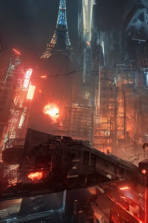 Image similar to paris cyberpunk attacked by aliens, lots of explosions, realistic, high definition, many details, dramatic scene, detailed and realistic hands, symmetrical face, realistic eyes, art of unreal engine 5