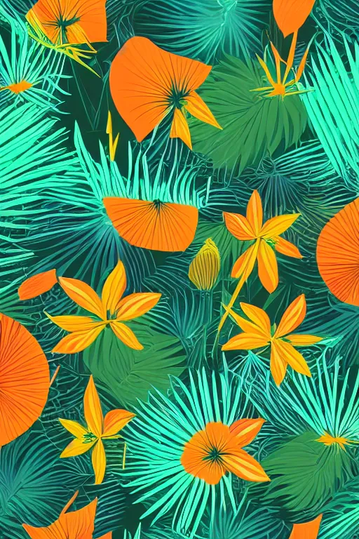 Prompt: moody vector illustration of tropical flowers and green reeds, multiple cohesive colors ranging from warm blues to bright oranges on a ((very dark background)), 4K resolution