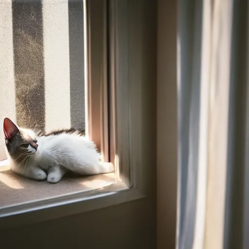 Prompt: a photo of a cat on it's side sleeping on a bed by a window with light coming in