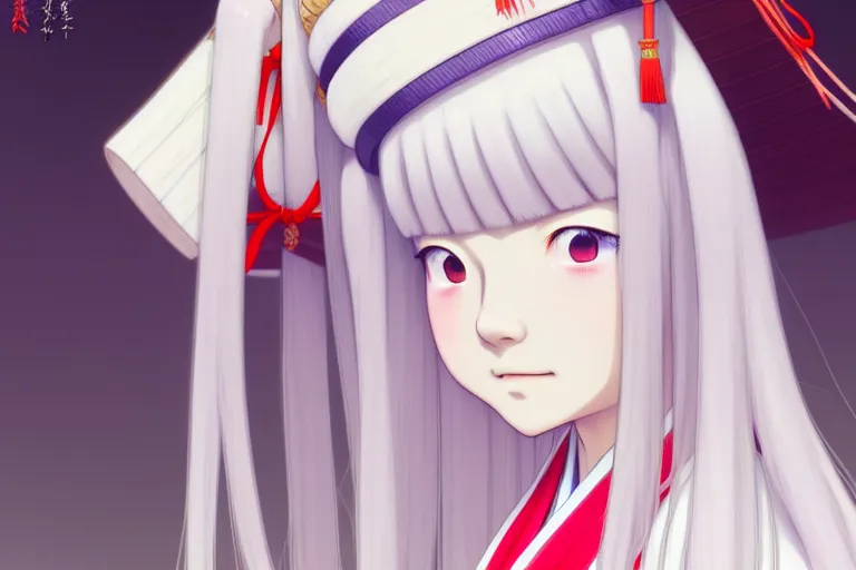 Image similar to portrait of a young japanese girl with long white hair in traditional clothing at a shinto shrine, fine detailed features, trending on pixiv fanbox, ilya kuvshinov makoto shinkai takashi takeuchi studio ghibli, akihiko yoshida, 4 k