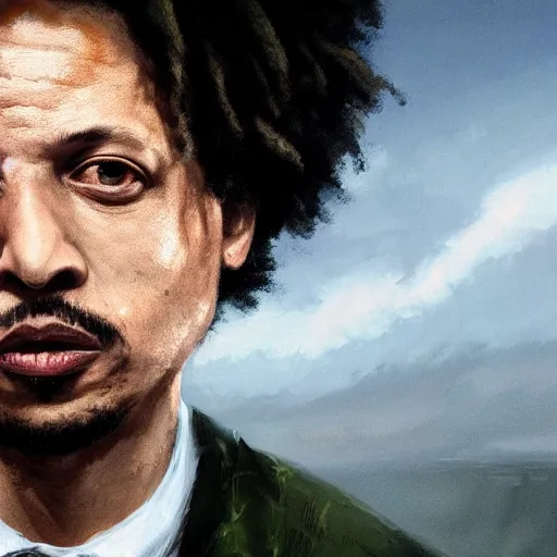 Prompt: closeup portrait of eric andre, dramatic light, gorgeous view, depth, high detail, digital art, painted by greg rutkowski and seb mckinnon, by tim burton, trending on artstation