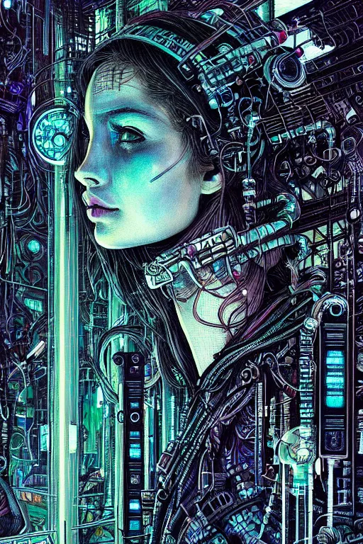 Image similar to dreamy cyberpunk girl, quantum computers, beautiful woman, detailed acrylic, grunge, intricate complexity, by dan mumford and by alberto giacometti, arthur rackham