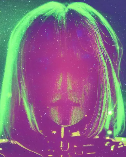 Image similar to featureless serene robotic woman's face, long metallic hair, violet and yellow and green and blue lighting, polaroid photo, 1 9 8 0 s cgi, atmospheric, whimsical and psychedelic, grainy, expired film, super glitched, corrupted file, ghostly, bioluminescent glow, sci - fi