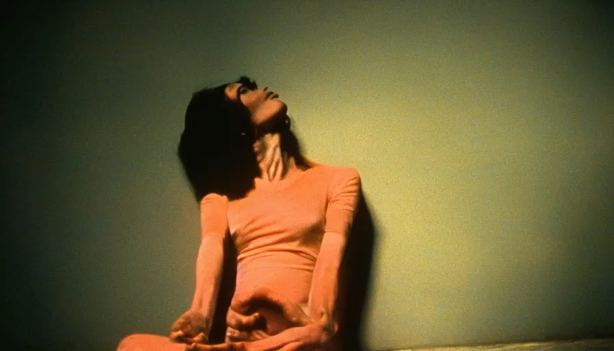 Image similar to 7 0 s film still from a horror movie featuring a person with no skin meditating, kodachrome, cinecolor, cinestill, photorealism, cinematic, film grain, film texture, vhs recording