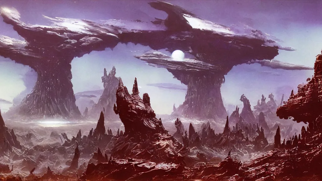 Image similar to eerie alien planet empire by frank frazetta and bruce pennington, cinematic matte painting