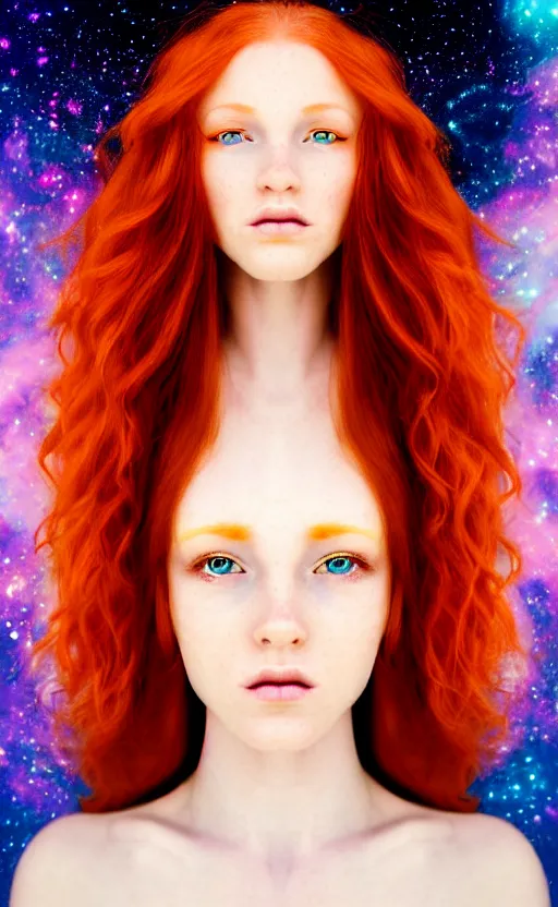 Image similar to space astral portrait of a beautiful girl, red hair, ginger hair, fantasy, glowing skin, smooth face, perfect eyes, half body shot, tarot card