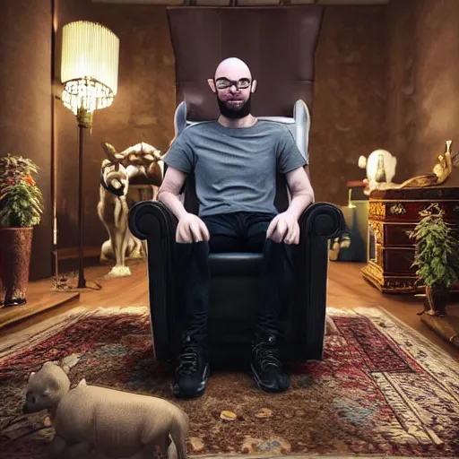 Prompt: photograph of northernlion sitting on a throne, ultra detailed, photorealistic, cinematic lighting