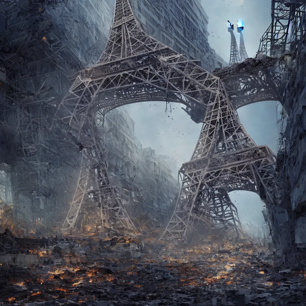 Image similar to A beautiful intricate 8K award-winning cinematic movie photograph of the future Eiffel Tower, destroyed and decaying, hidden by billboards. in the year 2043, by Bruno Delbonnel and greg rutkowski. Arri Alexa 65, IMAX 70mm footage