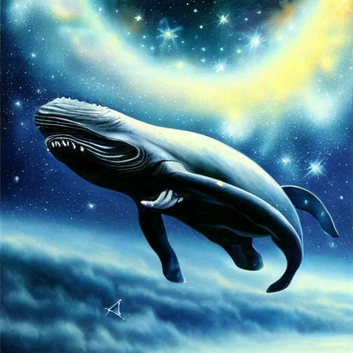 Prompt: portrait of space whale on a dark night sky in space, flying across the universe, oniric, dreamy, beautiful, highly detailed, realistic, cinematic, dynamic composition, art by christian riese lassen