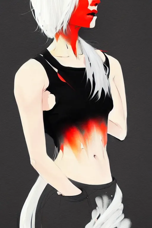 Image similar to a ultradetailed beautiful full body painting of a stylish woman in with white hair in a ponytail, she is wearing a black tank top, by conrad roset, greg rutkowski and makoto shinkai trending on artstation