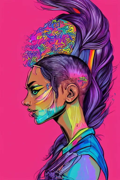 Image similar to a award winning half body portrait of a beautiful woman with stunning eyes in a printed croptop and cargo pants with rainbow colored ombre hairstyle head in motion and hair flying by josan gonzales, outrun, vaporware, shaded flat illustration, digital art, trending on artstation, highly detailed, fine detail, intricate