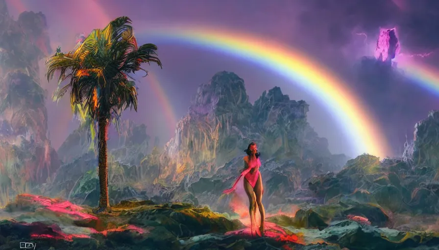 Image similar to frank frazetta art, science fiction landscape, glowing woman from the future, colorful creatures and neon palm trees, rainbow in the background, shape shifting water, deviant art, unreal engine, realistic shading, realistic render, octane render, detailed textures, photorealistic, wide shot