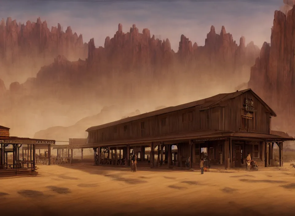 Image similar to a train station as the period of the wild west concept art, historical setting, desert environment, serene lighting, atmospheric, cinematic, gorgeous, in the style of diego koi, gina heyer, luiz escanuela, art by alyssa monk, hyperrealism, rule of thirds, golden ratio, oil on canvas, 8 k