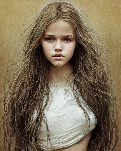 Image similar to portrait of 1 6 - year - old woman with dirty blonde hair down to her waist, pale eyebrows and protuberant silver eyes, wearing white shirt, hyper realistic face, beautiful eyes, fantasy art, in the style of greg rutkowski, intricate, alphonse mucha, hyper detailed, smooth