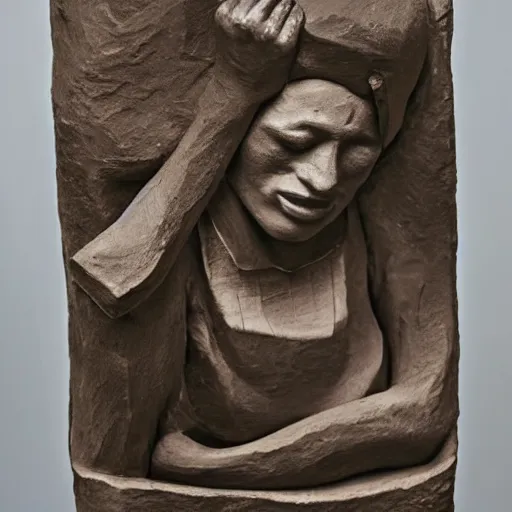 Image similar to This sculpture was painted in 1937 during the Guerra Civil Española. The woman in the sculpture is weeping for her dead husband. She is wearing a black dress and a black veil. Her face is distorted by grief. The sculpture is dark and somber. macro photo by Tara McPherson, by Josef Albers rhythmic, unified