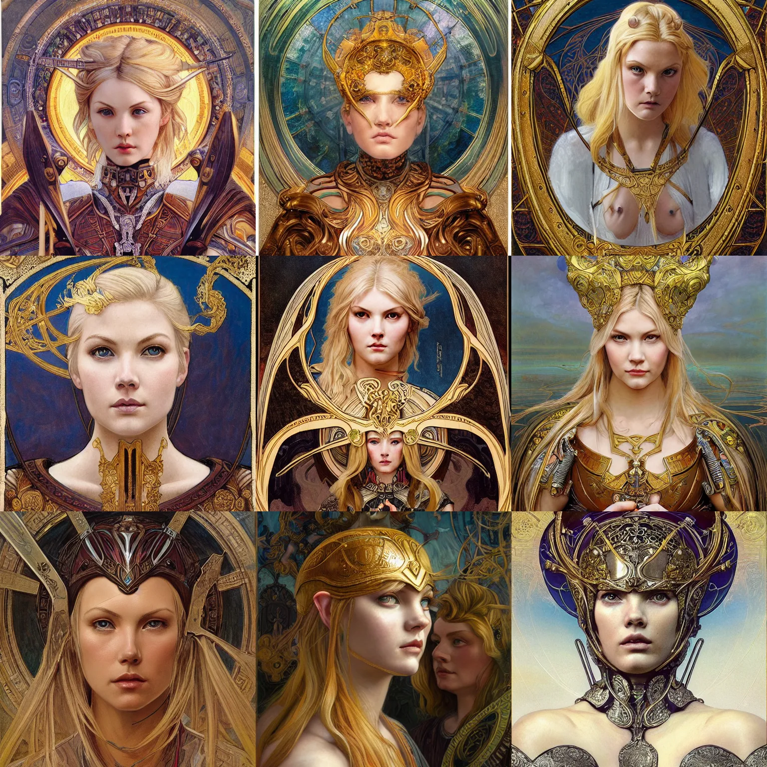 Prompt: masterpiece head-on symmetrical centered painted portrait, Elisha Cuthbert as a warrior paladin, blonde hair, golden halo, ornate iron armour, Mucha art nouveau style, elegant, distant, in the style of Edgar Maxence and Ross Tran and Zdzisław Beksiński and Michael Whelan and gustav dore and H.R. Giger, 8k, octane render