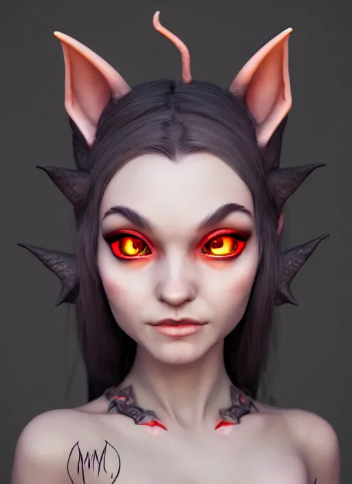 Image similar to imp demon goddess, cute elf ears, strapless dress, character portrait in the style of thomas river and artgerm, cinematic lighting, hyperdetailed, 8 k realistic, symmetrical, global illumination, radiant light,, frostbite 3 engine, cryengine, dof, trending on artstation, digital art, chanel